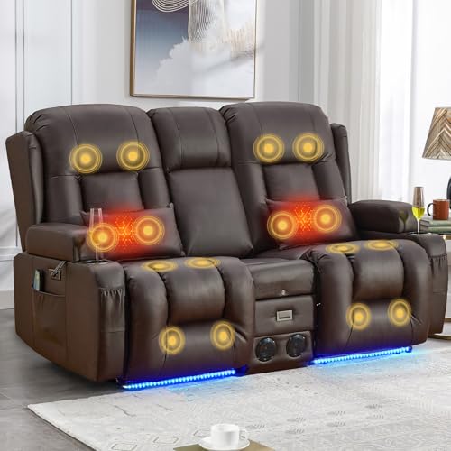 IPKIG Power Recliner Sofa with Flip-Up Backrest Console, USB & USB-C Ports, AC Outlet, LED Lights, Wall Hugger Recliners for Living Room, RV (Brown, 67" - 3 Seat) - color: Brown, size: 67" - 3 Seat