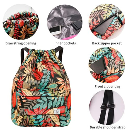 Waterproof Drawstring Bag, Gym Bag Sackpack Sports Beach Backpack for Men Women - color: 03-red Leaf