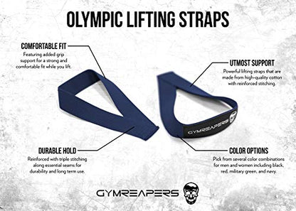 Gymreapers Olympic Lifting Straps for Weightlifting, Snatch, Clean, Powerlifting, Strongman, Deadlifts - Durable Cotton with Reinforced Stitching (Pair) - color: Navy