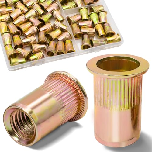5/16"-18 UNC Rivet Nut, 60Pcs Zinc Plated Finish Carbon Steel Flat Head Threaded Insert Nutsert Kit - color: Yellow, size: SAE 5/16"-18 - 60 Pcs