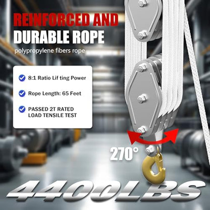 YATOINTO Rope Pulley Hoist with Metal Bearing 4400 LB, 8:1 Pulley Block and Tackle System, Pulley Block 2200LB Loading Capacity, 65ft Heavy Duty Rope Hoist for Hunting Garage Warehouse Constructions - color: White, size: UPGRADED-4wheels
