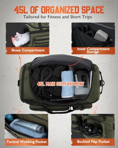 Gonex 45L Tactical Duffel Bag, 3-in-1 Gym & Travel Bag | Shoe compartment, Tactical gear loops, Water-repellent lining, 5 zip pockets, Weekend travel - color: Army Green, size: 45L