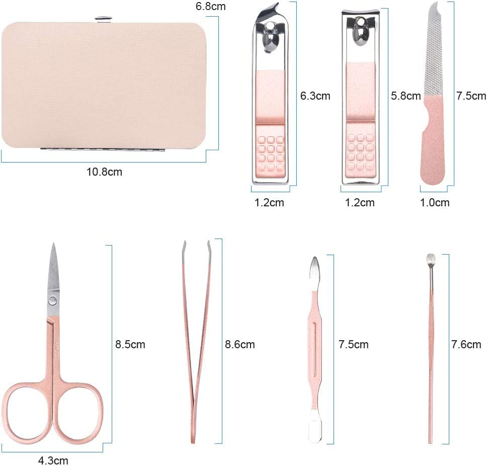 AOMIG Nail Clippers Set, 7 pcs Professional Portable Manicure Kit, Eyebrow Grooming Face Hair Clippers, Stainless Steel Nail Care Tools with Luxurious Leather Case for Travel & Home - color: Pink