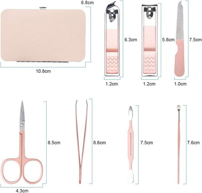 AOMIG Nail Clippers Set, 7 pcs Professional Portable Manicure Kit, Eyebrow Grooming Face Hair Clippers, Stainless Steel Nail Care Tools with Luxurious Leather Case for Travel & Home - color: Pink