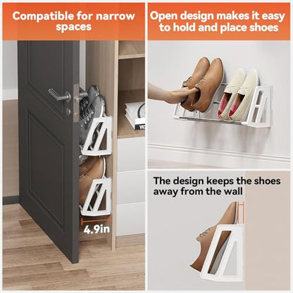 Wall Mounted Shoe Rack, 3 Pack Wall Shoe Rack Holds 6 Pairs of Shoes with Sticky Adhesive Strips Shoe Organizer Space Saving Wall Mount Shoe Storage for Camper Shoe Hanger White