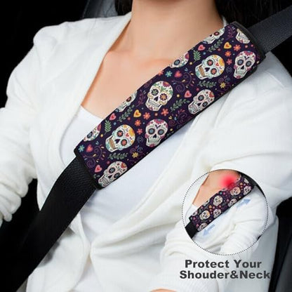 2 Pack Universal Soft and Comfortable Car Seat Belt Pad for Girls and Boys, Stroller Pushchair High Chair, Day of The Dead Sugar Skulls Hearts Flowers Shoulder Protector - color: Pattern 1111
