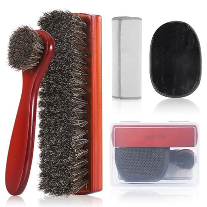 Horsehair Shine Shoes Brush Kit, Horse Hair Brush for Leather, Cleaning Leather Shoes Boots Care Brushes with Microfiber Shoe Cloth, Horsehair Brush (L, Count, 5)