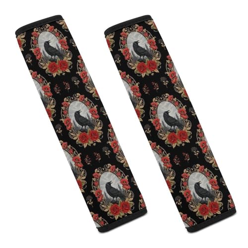 Breathable Gothic Crow Raven Animal Red Flower Seat Belt Cover for Elderly Support, All Vehicles, 2 Pack Automotive Seat Belt Protector Comfortable Driving - color: Pattern 51