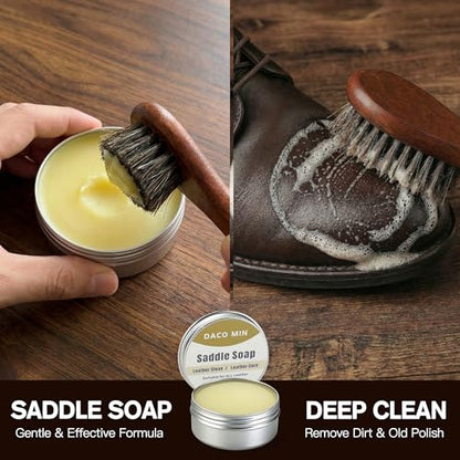 13-Pcs Complete Shoe Shine Kit & Leather Boot Care and Cleaning Kit - 100% Horsehair Brushes, Mink Oil, Saddle Soap, Shoe Polish Kit with Manual & Travel Case - Gift for Dad Husband Father