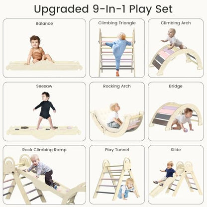 Pikler Triangle Set, Baby Climbing Playset Toys Indoor, Jungle Gyms for Toddlers Ages 1-4, Toddler Climbing Playground with Cushion & Toy Car - color: Purple