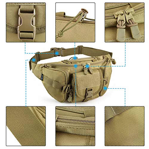 FRTKK Tactical Fanny Pack Military Waist Bag Pack with USA Flag Patch Utility Hip Pack with Adjustable Strap for Outdoors Fishing Cycling Camping Hiking Dog Walking (Tan) - color: Tan