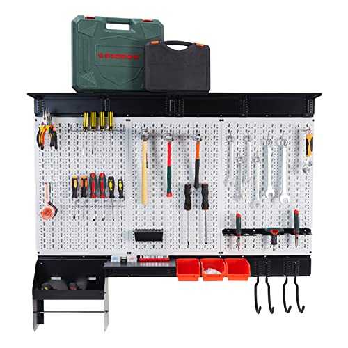 Ultrawall Peboard Storage Organizer, 48x36 inch Pegboard Wall Organizer, Metal Garage Peg Board with Toolboard, Utility Hooks, Overhead Shelf, 105pcs