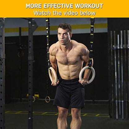 Quick Adjust Numbered Straps for Gymnastic Rings - Carabiner System and Exercise Video Guide for Full Body Workout, Calisthenics, and Home Gym