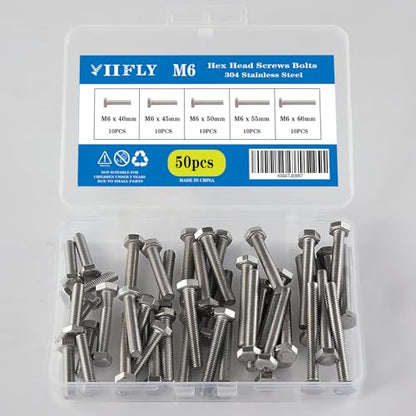 M6-1.0 Hex Head Screw Bolts - 40/45/50/55/60mm Length Kit, 304 Stainless Steel(A2-70), Bright Finish, Fully Threaded, Hexagon Head Bolts,Quantity 50-Piece Set - size: 304-Hex-M6-40-60mm