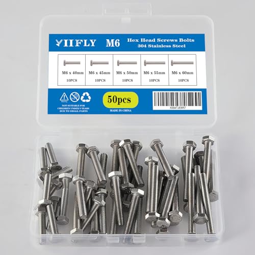 M6-1.0 Hex Head Screw Bolts - 40/45/50/55/60mm Length Kit, 304 Stainless Steel(A2-70), Bright Finish, Fully Threaded, Hexagon Head Bolts,Quantity 50-Piece Set - size: 304-Hex-M6-40-60mm