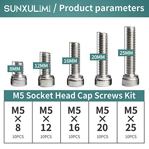 M5 x 8/12/ 16/20/ 25mm Socket Head Cap Screws M5 Bolts Stainless Steel 304 Metric Machine Hex Socket Screw, Fully Threaded, Bright Finish, Assortment Kit, 50PCS - size: M5 x 8/12/16/20/25mm