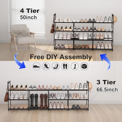 3 Row 4 Tier Long Shoe Rack, Black Metal Stackable Shoe Shelf with Multifunctional Hooks, Shoe Storage Hold 24-30 Pairs, Space Saving Shoe Organizer for Closet,Wide Shoe Rack - size: 3 Row 4 Tier