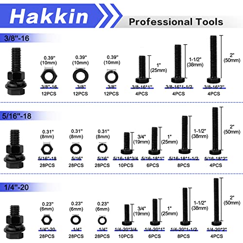 272PCS Hex Bolts and Nuts Kit, 1/4, 5/16, 3/8 Hex Bolts Screws Nuts Flat Lock Washers Assortment Kit, Carbon Steel Machine Screws Set Grade 8.8 (Black) - size: 272PCS 1/4 5/16 3/8 Hex Bolts Black