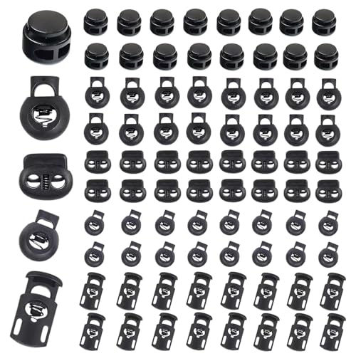 Sunenlyst 150Pcs Cord Locks, Plastic Cord Lock for Drawstrings, Shoelace Locks Spring Toggle Stopper with 5 Sizes, Cord Stops for Drawstring, Paracord, Clothing and Bags - color: 150 dark black