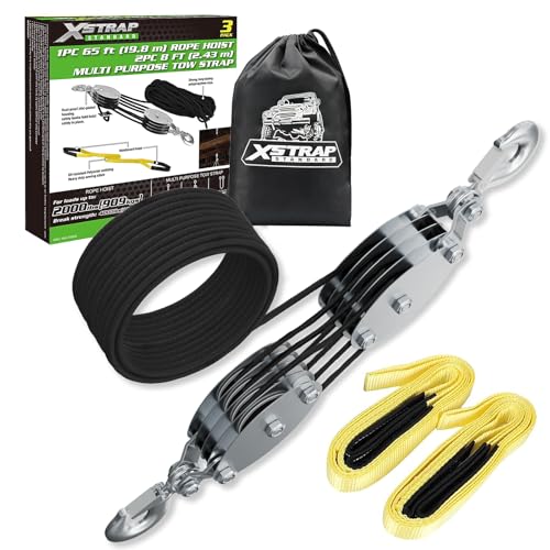 XSTRAP STANDARD 65FT Rope Hoist 4000Lbs Break w/2PK 8FT Lift Sling Black | 4000Lbs Break Strength, rust-proof block & tackle hoist, UV-resistant polyester sling, safety hooks, for garage & hunting - color: 65ft Black with Lift Sling