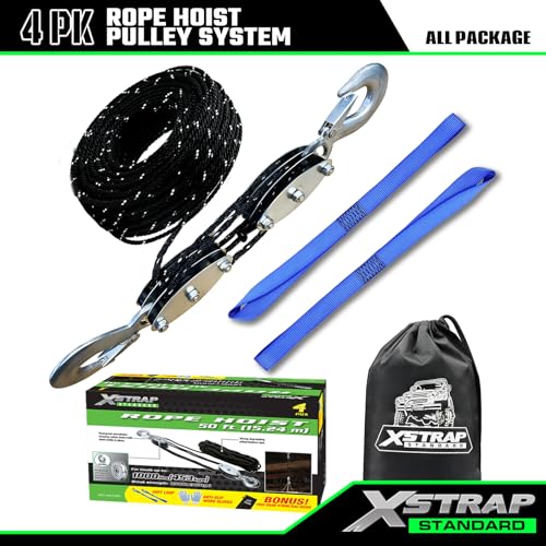 XSTRAP STANDARD Heavy-Duty 50 FT Reflective Rope Hoist Pulley System, Black | Metal Wheels Bearing 2000 LB Breaking Strength Block and Tackle Pulley System for Lifting Heavy Objects, with 2pcs Soft Loops - color: 50ft Black with Reflective Strips
