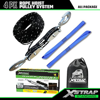 XSTRAP STANDARD Heavy-Duty 50 FT Reflective Rope Hoist Pulley System, Black | Metal Wheels Bearing 2000 LB Breaking Strength Block and Tackle Pulley System for Lifting Heavy Objects, with 2pcs Soft Loops - color: 50ft Black with Reflective Strips