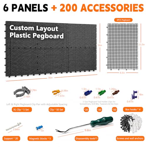 Plastic Pegboard Wall Organizer Kit, 6 Black Panels 36" x 16", 200 Accessories with Hooks, Clips & Holders, Modular Tool Storage Board for Garage, Workbench, Craft Room, Home Repair