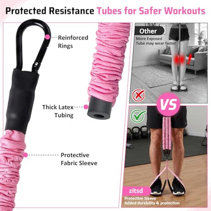 Multifunction Resistance Bands with Handles, Upgraded Dual D-Ring | 3-Tube Adjustable Resistance: 30/60/90 LB | Beech Wood Handle | Wide Foot Pedals | for Abdomen, Waist, Arm, Leg, Pilates - color: Pink