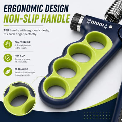 Hand Grip Strengthener Set with Adjustable Resistance 5-100 kg | 3-Piece Training Kit, Forearm Strengthener, Finger Exerciser, Automatic Rep Counter, Injury Recovery