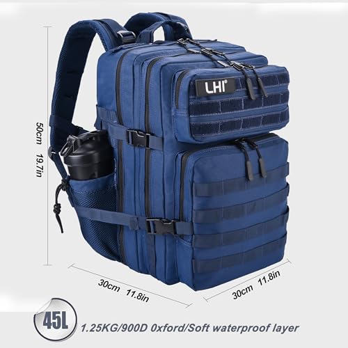 LHI Military Tactical Backpack for Men and Women 45L Army 3 Days Assault Pack Bag Large Rucksack with Shoe Compartment - color: 1.4 Blue