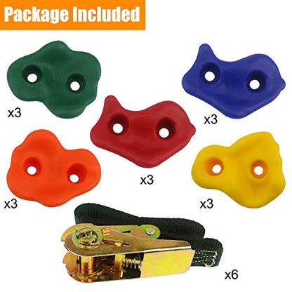 Ogrmar 15 Packs Ninja Tree Rock Climbing Holds Kits with 6 Ratchet Straps for Kids & Adults Outdoor Backyard Ninja Tree Obstacle Course Training