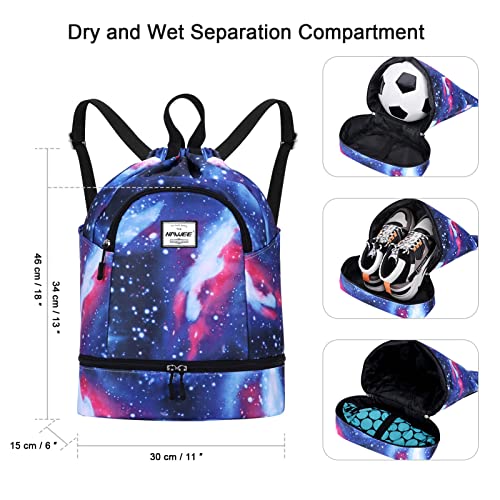 Dry Wet Drawstring Backpack with Shoe Compartment for Women Adjustable Gym Bag - color: Galaxy