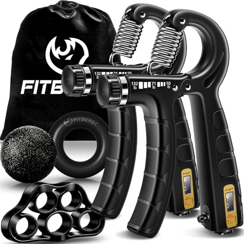 FitBeast Hand Grip Strengthener Workout Kit (5 Pack), 2 Forearm Grip Adjustable Resistance Hand Gripper, Finger Stretcher, Grip Ring & Stress Relief Grip Ball for Athletes - color: Black