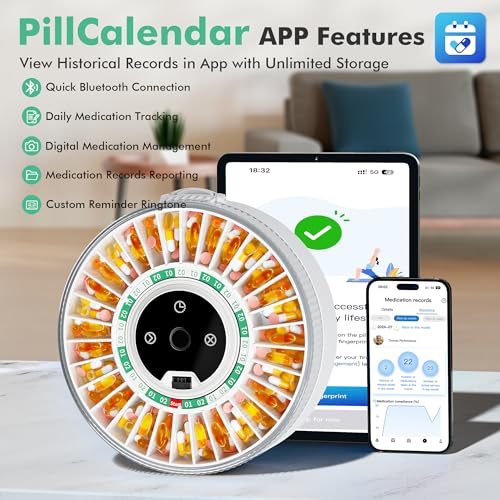 PillCalendar Bluetooth Automatic Pill Dispenser for Elderly with Alarm, Smart Pill Dispenser with 31-Slot, Fingerprint& Mechanical Dual Lock Medication Dispenser, Timed Dispenser Machine (Green)