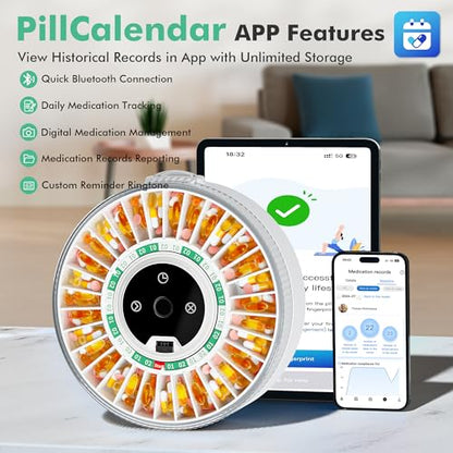 PillCalendar Bluetooth Automatic Pill Dispenser for Elderly with Alarm, Smart Pill Dispenser with 31-Slot, Fingerprint& Mechanical Dual Lock Medication Dispenser, Timed Dispenser Machine (Green)