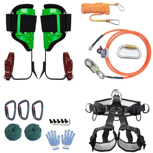 Tree Climbing Gear, Tree Climbing Spikes， with Adjustable Climbing Straps and Steel Core Flip Line Arborist Equipment for Climbers, Hunting, Fruit Picking Tree Climbing Equipment - size: Tree Climbing Kit Green B