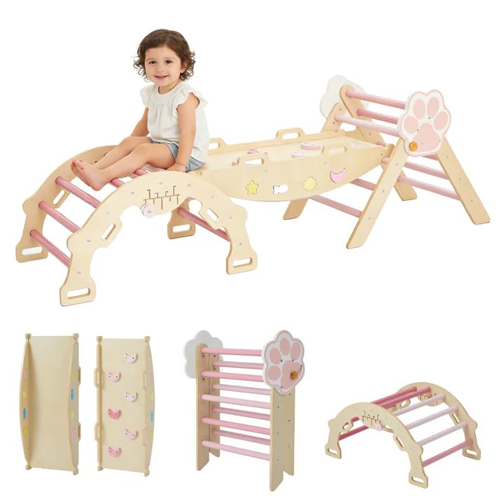 Pikler Triangle Set with Safe Handle, 7-in-1 Montessori Climbing Set for Toddlers, Wooden Pickler Climbing Set, Collapsible Climbing Triangle Climbing Set, Baby Jungle Gym & Playground, for 1-3 Year - color: Pink