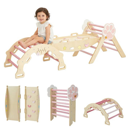 Pikler Triangle Set with Safe Handle, 7-in-1 Montessori Climbing Set for Toddlers, Wooden Pickler Climbing Set, Collapsible Climbing Triangle Climbing Set, Baby Jungle Gym & Playground, for 1-3 Year - color: Pink