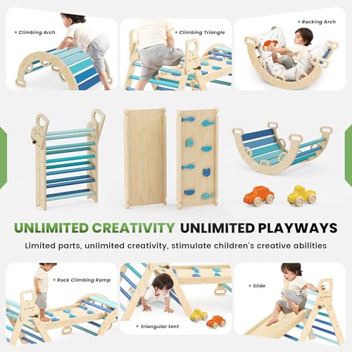 BlueWood Pikler Triangle Set with Cushion, Wooden Climbing Toys for Toddler | Foldable 9-in-1 Montessori Philosophy Toddler Climbing Toys Indoor with Reversible Ramp, Arch and Ladder - Blue - color: Blue