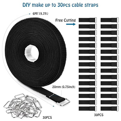 Nettbe 0.75"x19.7ft Hook and Loop Straps with 30 Buckles Adjustable Cut-to-Length Cable Ties - Reusable Nylon Fastening Tape Cable Straps for Storage or Organization (0.75in x 19.7ft) - size: 0.75in x 19.7ft