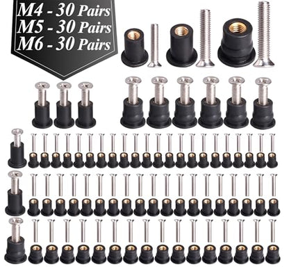WEDAMER 90 Pairs M4 M5 M6 Neoprene Well Nuts with Stainless Steel Screw M5 Rubber Well Nuts Kayak Brass Copper Bolts Well Nut Kit for Kayak Motorcycle Boat Marine Windscreen Accessories (M4 M5 M6) - color: M4/M5/M6 Each 30 Pairs
