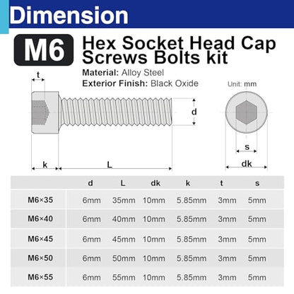 25PCS M6 Hex Socket Head Screws Assortment, 35-55mm | Includes 10mm, 16mm, 20mm, 25mm, 30mm, 35mm, 40mm, 45mm, 50mm, 55mm, 60mm, 65mm, 70mm, 75mm and 80mm lengths, Full thread - style: 25 PCS M6 × 35mm / 40mm / 45mm / 50mm / 55mm Black 304 Stainless Steel