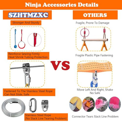 65FT Ninja Warrior Obstacle Course for Kids Backyard Outdoor | Stainless Steel Main Cable, Waterproof 13 Pcs Children Toy Training Accessories, Climbing Net, Swing, Ladder, CPSC Approval - size: 65FT 13Pcs Ratchet