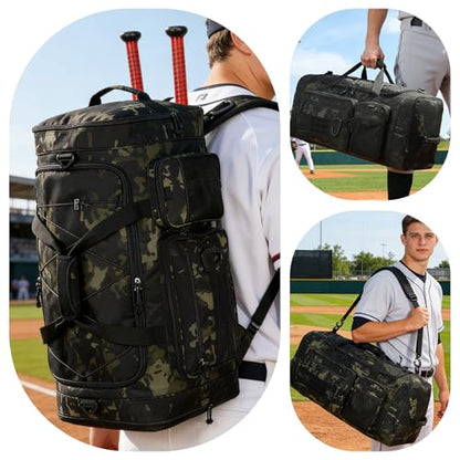 TUGUAN Large Baseball Softball Duffle Bag, 3 in 1 Baseball Equipment Duffel Backpack for Adult Youth, 65L Bat Bag with Shoes Compartment - 2 Bat Sleeves Fence Hook Hidden Dual Straps - color: Camo