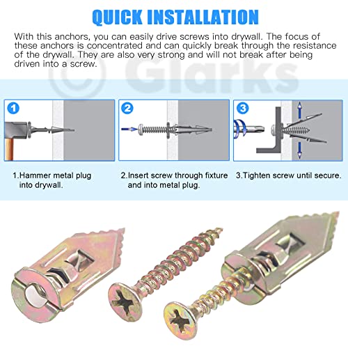 Glarks 100 Sets Drywall Self-Drilling Anchors with Screws, 100Pcs Carbon Steel Hollow Wall Anchor Tapping Screw with 100Pcs Screws Kit, No Drill or Holes in Wall