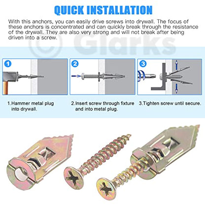 Glarks 100 Sets Drywall Self-Drilling Anchors with Screws, 100Pcs Carbon Steel Hollow Wall Anchor Tapping Screw with 100Pcs Screws Kit, No Drill or Holes in Wall