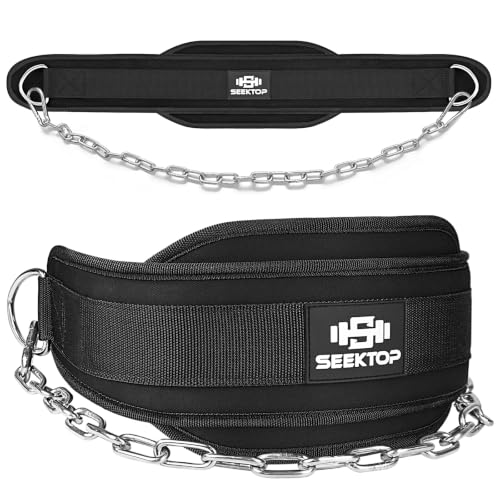 Seektop Dip Belt With Chain for Weightlifting - Neoprene Waist Belt for GYM Workout, Pull Ups, Crossfit, Weight Lifting, Squat, Training, Fitness - for Men & Women - color: Black