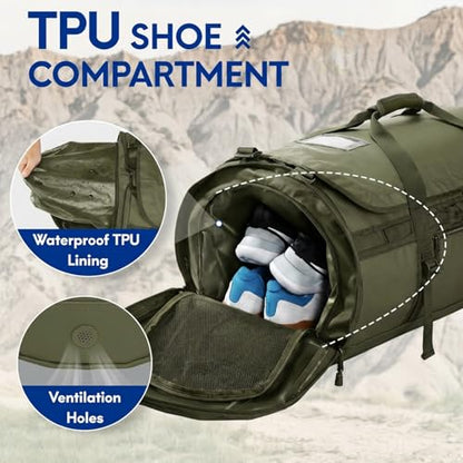 Haimont Heavy Duty Convertible Travel Duffel Backpack, Army Green, 90L | Shoe Compartment, Water-Resistant Tarpaulin, Wide U-Shaped Opening - color: Green, size: 90L