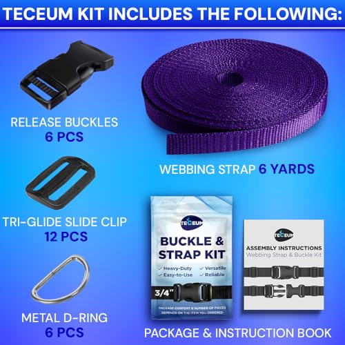 TECEUM 3/4" Nylon Strap Kit with Buckles, Dark Purple 6 yards Repair Set | Heavy duty hardware kit: 6yd webbing, 6 quick release buckles, 12 tri-glide slide clips, 6 metal D-rings for crafting. - color: Dark Purple, size: 3/4" - 6 yards, style: 6 Buckle -