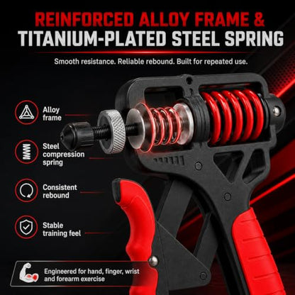 Ergonomic Adjustable H-Grip Hand Trainer with Counter | 11–350lb Hand Gripper with Alloy Frame, Titanium-Plated Spring and TPR Non-Slip Handles for Finger, Wrist & Forearm Training - color: Black